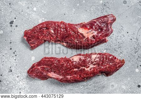 Machete Steak Raw Cut Or Hanging Tender Cut. Gray Background. Top View