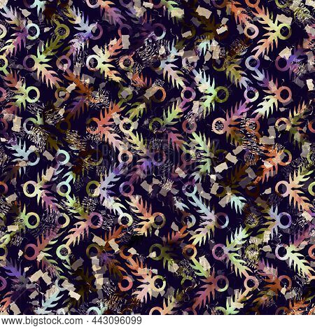 Exotic Multicoloured Boho Stripe Line Print. Seamless Autumnal Dark Ground Detailed Repeat Pattern. 