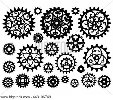 Black Openwork Gears, Different Cogs, Isolated On A White Background. Mechanism, Steampunk, Retro. V