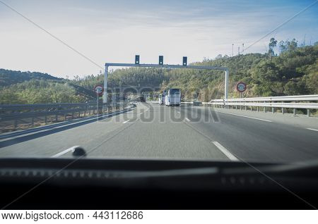 Approaching To The Tunnel Of La Media Fanega, A-66. View From The Inside Of The Car