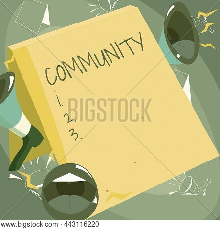 Text Caption Presenting Community. Word Written On Group Of Showing With A Common Characteristics Li