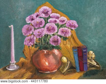 Oil Painting Of A Floral Still Life With Candles, Zinnias, Books And Bookends