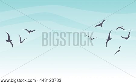 Flight silhouette on sky. Cartoon nature scenery with flyin birds