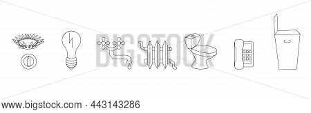 Utilities Icons Set: Gas, Electricity, Water, Heating, Telephone, Collation, Garbage Collection. Doo