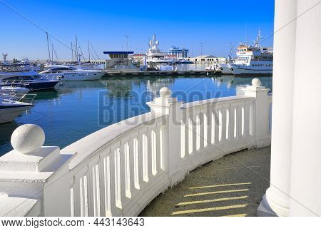 Sochi, Russia-11.01.2021: Rosmorport Berth At The Sea Station. White Balustrade Of The Embankment At