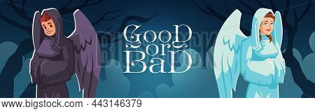 Good Or Bad Angel And Devil Cartoon Banner, Kind And Evil Characters With Wings Wear White And Black