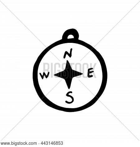 Compass Hand Drawn Doodle. Vector, Minimalism, Scandinavian, Monochrome, Nordic, Sketch. Icon Sticke