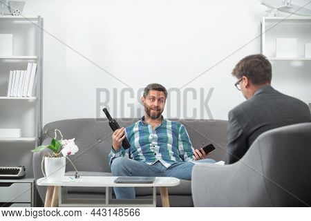 Solving Problem, Alcohol Addiction, Drunk Man And Alcohol Abuse. Social Service, Psychology Patient.