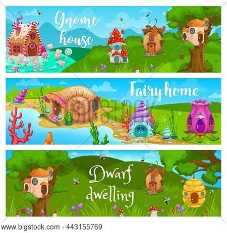 Mushroom, Acorn, Caramel And Shell, Flower And Beehive, Nest Cartoon Dwellings And Houses. Vector Ba