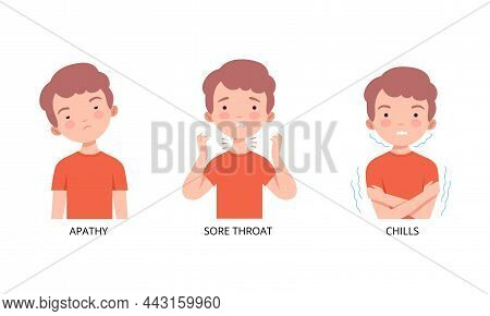 Little Boy Suffering From Chills And Sore Throat Vector Set
