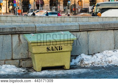 A Container With Sand Closeup On The Norrbro Bridge In Sunny Winter Day, Stockholm, Sweden