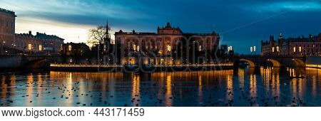 Beautiful Panoramic View Of The Norrstrom River And The Illuminated Helgeandsholmen Island With The 