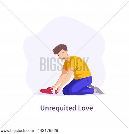 Unrequited Love. Crying Man Picking Up Pieces Of Broken Heart. Male Suffering Romance Addiction Feel