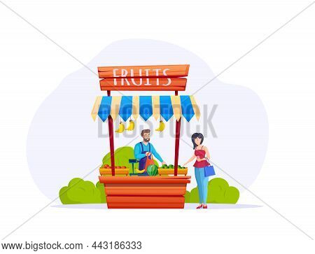 Mother And Son Buy Fruit At Summer Park Cart. Male Vendor Selling Tasty Fresh Fruit Watermelons, Ban
