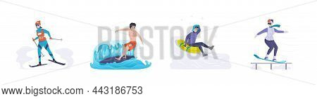 People Enjoying Outdoor Sport Activity Set. Active Man And Woman Practicing Surfing, Skiing, Snowboa