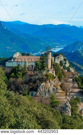 birds eye view of the Mare de Deu de Queralt Shrine, in Berga, Catalonia, Spain, at the top of the Serra de Queralt mountain