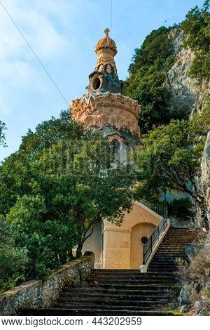 a view from above of the Cova de la Trovalla Shrine, in Berga, Catalonia, Spain, at the top of the Serra de Queralt mountain