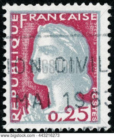 Three Vintage Stamp Printed In France Circa 1960 Shows Portrait Marianne