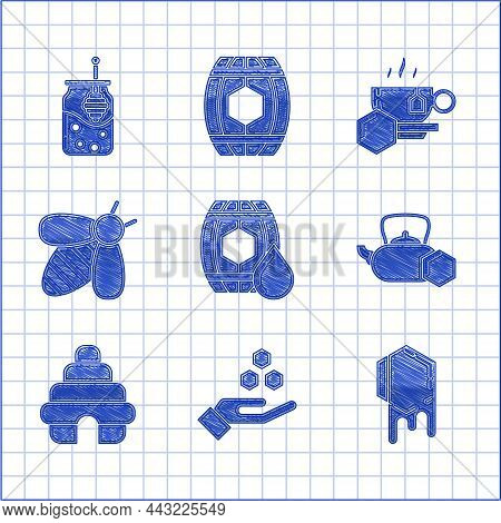 Set Wooden Barrel With Honey, Honeycomb And Hand, Tea Kettle, Hive For Bees, Bee, Cup Of Tea And Jar