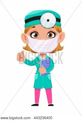 Doctor Woman Cartoon Character. Beautiful Female Doctor Wearing Medical Mask. Stock Vector Illustrat