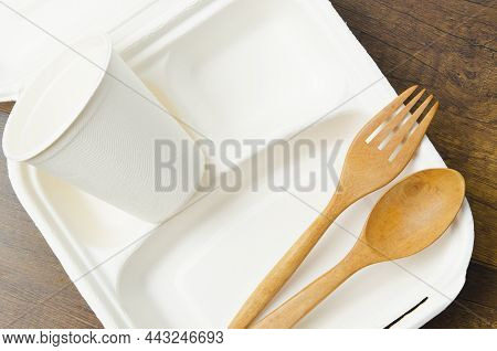 Set Of Container Food Boxs Made From Bagasse On Wooden Background.