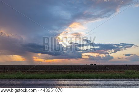 Refugio, Texas, Usa - September 18, 2021: Driving On Tx-35 During A Storm At Sunset