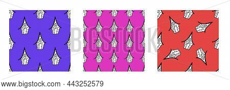 A Set Of Seamless Vector Patterns From Black And White Houses In The Style Of Doodles.