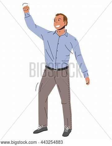 Confident Businessman With Holds Fist. Happy Manager In Smart Casual Wear Standing And Gesturing Yea
