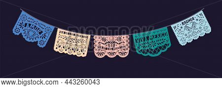 Papel Picado, Mexican Pecked Papers For Dead Day Means Dia De Los Muertos, Death Holiday In Mexico. 