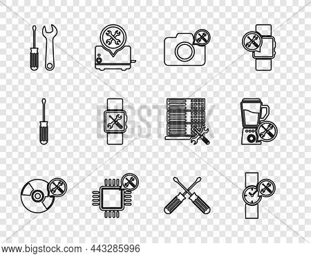 Set Line Cd Or Dvd Disk Service, Wrist Watch, Photo Camera, Processor, Screwdriver And Wrench, Smart