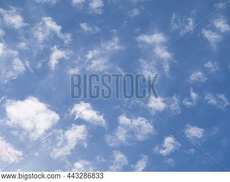 Blue Sky Background And White Clouds Soft Focus, And Copy Space. Abstract White Cloud And Blue Sky T
