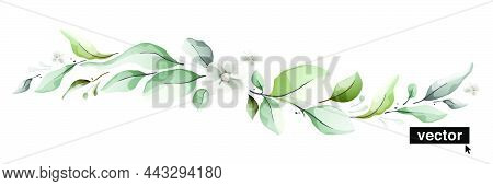 Vector Watercolor Botanical, Leaf, And Buds Wave Pattern. Herbal Composition For Wedding Or Greeting