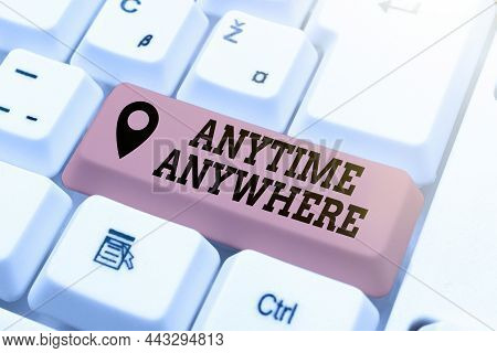 Sign Displaying Anytime Anywhere. Business Concept Saying That You Can Do Something At Every Place A