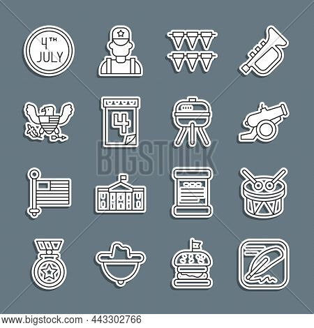 Set Line Declaration Of Independence, Drum And Drum Sticks, Cannon, Carnival Garland With Flags, Cal