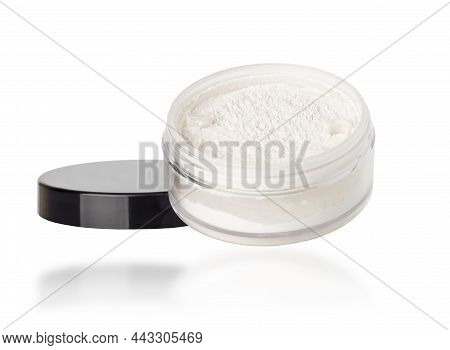 Jar With White Mattifying Face Powder Isolated On White Background.