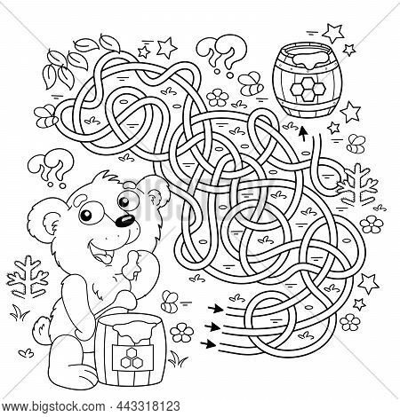 Maze Or Labyrinth Game. Puzzle. Tangled Road. Coloring Page Outline Of Cartoon Little Bear Cub With 