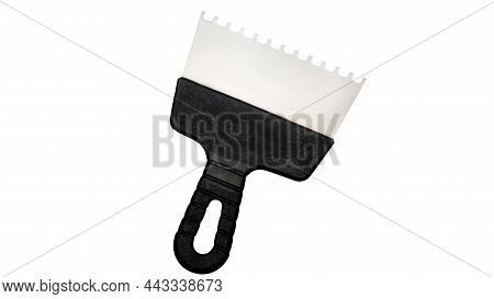 Spatula With Teeth Plastic Handle Isolated On White Background. Hand Putty Tool, Ribbed