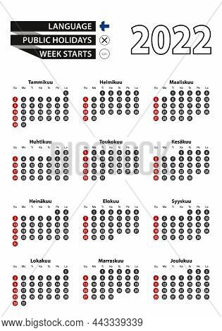 Finnish Calendar 2022 With Numbers In Circles, Week Starts On Sunday. 2022 With Flag Of Finland Vect