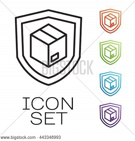 Black Line Delivery Security With Shield Icon Isolated On White Background. Delivery Insurance. Insu