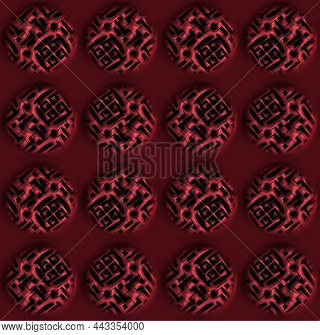 Red Metal Effect Decorative Oriental Texture. Seamless Engraved Oxidised 3d Circle Motif Pattern. Or