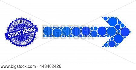 Move Right Vector Collage Of Round Dots In Various Sizes And Blue Color Hues, And Textured Start Her