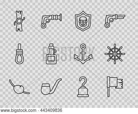 Set Line Pirate Eye Patch, Flag, Shield With Pirate Skull, Smoking Pipe, Decree, Parchment, Scroll, 