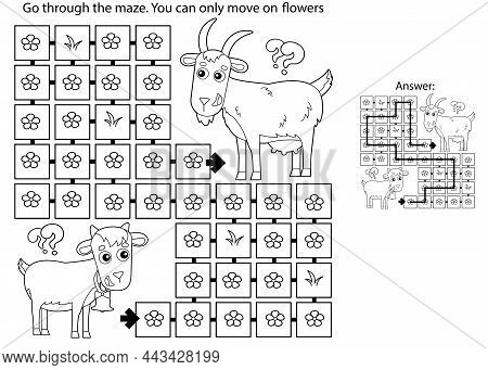 Maze Or Labyrinth Game. Puzzle. Coloring Page Outline Of Cartoon Goat With Goatling Or Kid. Farm Ani