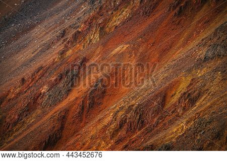 Scenic Nature Background Of Multicolor Mountain. Colorful Nature Backdrop Of Motley Rocks. Multicolo