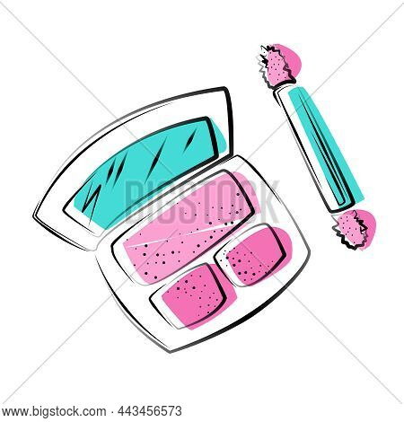 Line Art Makeup Open Eyeshadows And Brush On White Background. Fashion Illustration. Pink, Turquoise