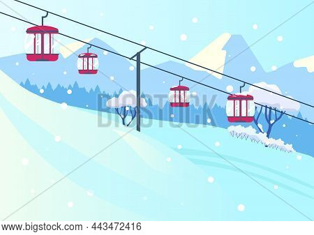 Vector Illustration Of Mountain Slope Landscape With Cableway In Flat Style. Snowy Mountains With Li