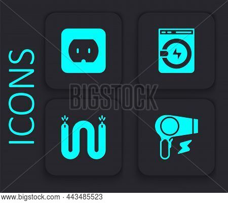 Set Hair Dryer, Electrical Outlet, Washer And Cable Icon. Black Square Button. Vector