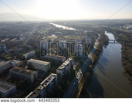 Amazing Aerial View Of Maritsa River And Panorama To City Of Plovdiv, Bulgaria