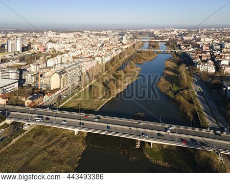 Amazing Aerial View Of Maritsa River And Panorama To City Of Plovdiv, Bulgaria