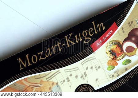 Kharkov, Ukraine - April 19, 2021: Henry Lambertz Mozart-kugeln Luxury Dark Chocolate Candies In Bla